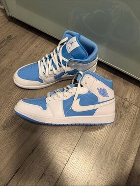 Air Jordan 1 Mid-Top Sneakers in White and Light Blue